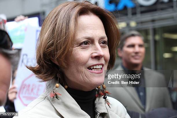 Actress Sigourney Weaver protests the construction of the Belo Monte Dam in Brazil in front of the Brazilian Permanent Mission to the United Nations...