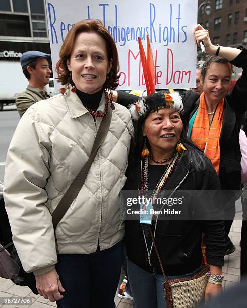 Actress Sigourney Weaver protests the construction of the Belo Monte Dam in Brazil in front of the Brazilian Permanent Mission to the United Nations...