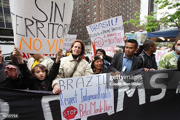 Actress Sigourney Weaver protests the construction of the Belo Monte Dam in Brazil in front of the Brazilian Permanent Mission to the United Nations...