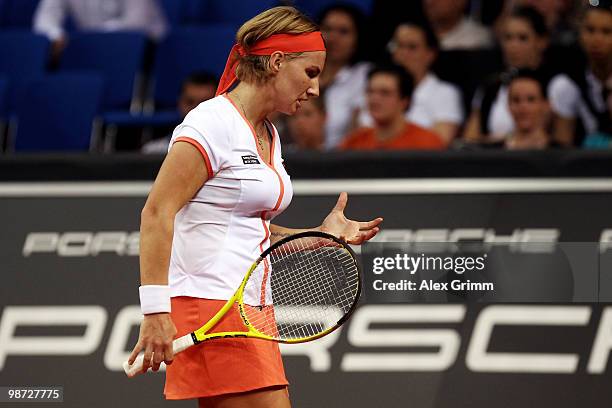 Svetlana Kuznetsova of Russia reacts during her second round match against Na Li of China at day three of the WTA Porsche Tennis Grand Prix...