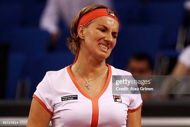 Svetlana Kuznetsova of Russia reacts during her second round match against Na Li of China at day three of the WTA Porsche Tennis Grand Prix...