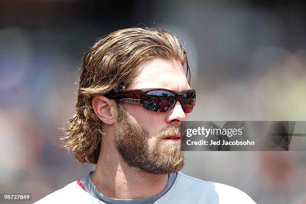 Jayson Werth of the Philadelphia Phillies looks on against the San Francisco Giants during an MLB game at AT&T Park on April 28, 2010 in San...