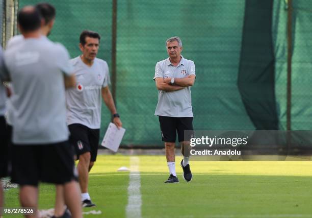 Head coach Senol Gunes of Besiktas leads a training session of his team ahead of new Turkish football season, at BJK Nevzat Demir facilities in...
