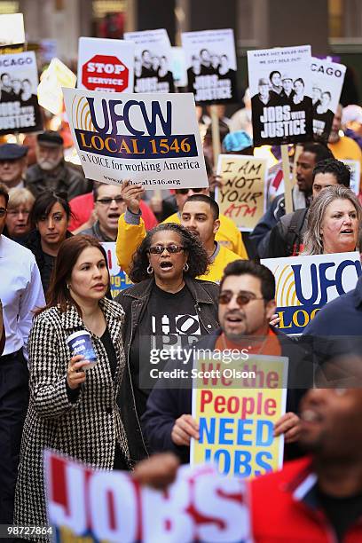 Hundreds of labor union workers march through the financial district calling for job creation and financial reform on April 28, 2010 in Chicago,...