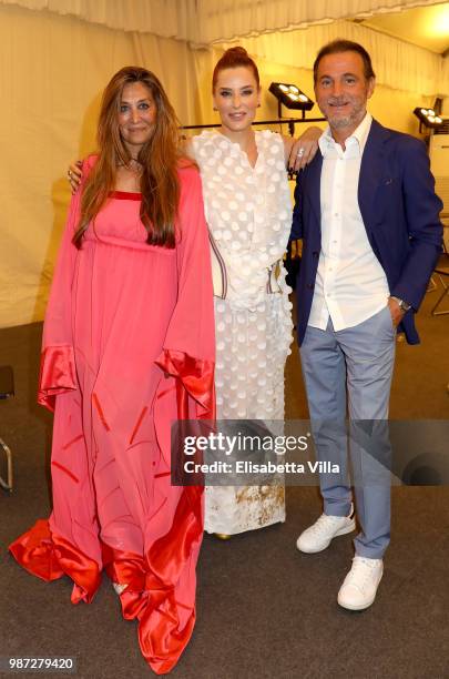 Paola Emilia Monachesi, Simona Borioni and Stefano Maccagnani attend Sfilata AU197SM AltaRoma on June 29, 2018 in Rome, Italy.