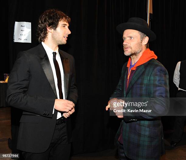 Josh Groban and Flea of Red Hot Chilli Peppers backstage at 2010 MusiCares Person Of The Year Tribute To Neil Young at the Los Angeles Convention...