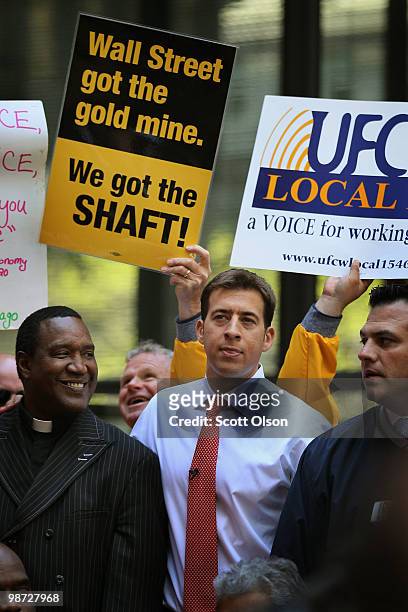 Senate candidate Alexi Giannoulias stands among hundreds of union workers during a rally at the Federal Building Plaza on April 28, 2010 in Chicago,...