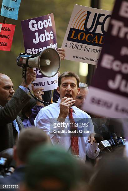 Senate candidate Alexi Giannoulias speaks to hundreds of union workers during a rally at the Federal Building Plaza on April 28, 2010 in Chicago,...