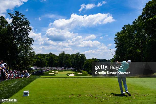 Bill Haas tees off on the ninth hole during the second round of the Quicken Loans National at TPC Potomac at Avenel Farm on June 29, 2018 in Potomac,...