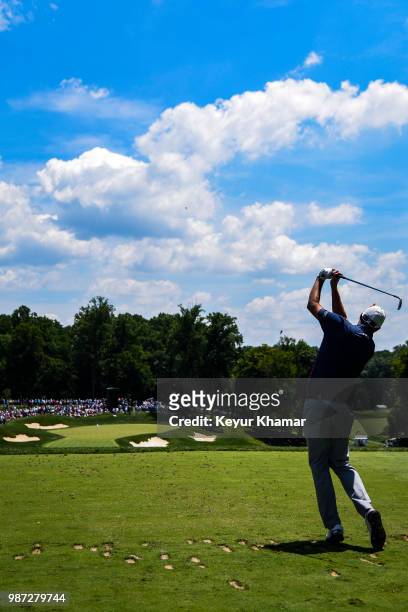 Marc Leishman of Australia tees off on the ninth hole during the second round of the Quicken Loans National at TPC Potomac at Avenel Farm on June 29,...