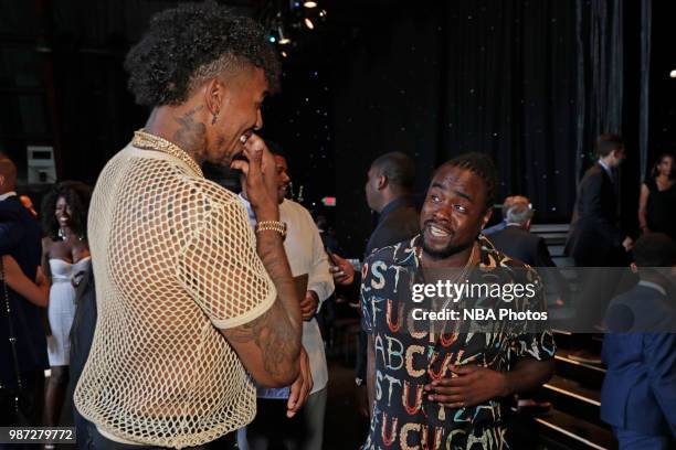 Nick Young of the Golden State Warriors speaks to Wale at the NBA Awards Show on June 25, 2018 at the Barker Hangar in Santa Monica, California. NOTE...