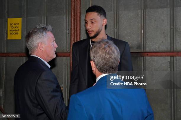 Head coach Brett Brown speaks to Ben Simmons of the Philadelphia 76ers at the NBA Awards Show on June 25, 2018 at the Barker Hangar in Santa Monica,...