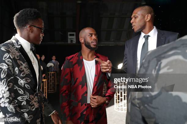 Chris Paul of the Houston Rockets speaks to James Jones at the NBA Awards Show on June 25, 2018 at the Barker Hangar in Santa Monica, California....