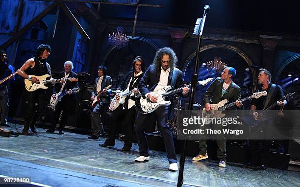 Jeff Beck, Jimmy Page, Ron Wood, Joe Perry, Kirk Hammett, Flea and James Hetfield perform onstage during the finale at the 24th Annual Rock and Roll...