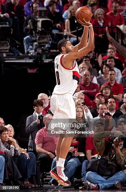 Nicolas Batum of the Portland Trail Blazers shoots a jump shot in Game Four of the Western Conference Quarterfinals against the Phoenix Suns during...