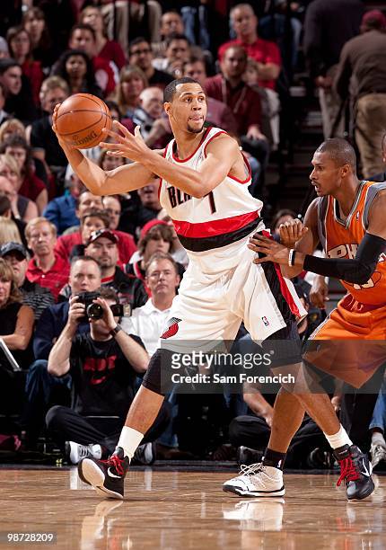Brandon Roy of the Portland Trail Blazers looks to make a move against Leandro Barbosa of the Phoenix Suns in Game Four of the Western Conference...