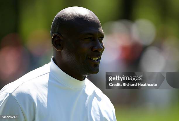 Basketball legend Michael Jordan looks on during the pro-am for the Quail Hollow Championship at Quail Hollow Country Club on April 28, 2010 in...