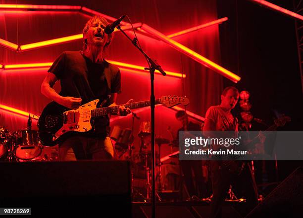 Thom Yorke and Flea of Atoms of Peace perform during the Day 3 of the Coachella Valley Music & Arts Festival 2010 at the Empire Polo Field on April...