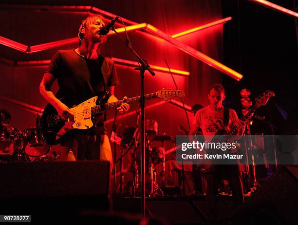 Thom Yorke and Flea of Atoms of Peace perform during the Day 3 of the Coachella Valley Music & Arts Festival 2010 at the Empire Polo Field on April...