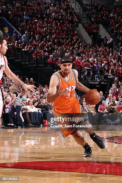 Jared Dudley of the Phoenix Suns drives the ball up court against Rudy Fernandez of the Portland Trail Blazers in Game Four of the Western Conference...