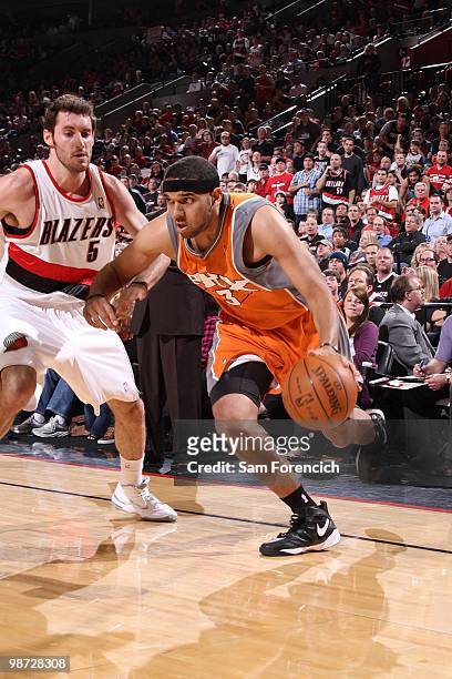 Jared Dudley of the Phoenix Suns drives to the basket against Rudy Fernandez of the Portland Trail Blazers in Game Four of the Western Conference...