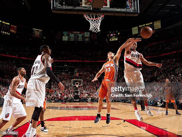 Marcus Camby of the Portland Trail Blazers blocks a shot by Steve Nash of the Phoenix Suns in Game Four of the Western Conference Quarterfinals...