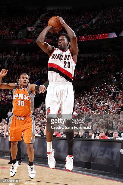 Martell Webster of the Portland Trail Blazers shoots a jump shot against Leandro Barbosa of the Phoenix Suns in Game Four of the Western Conference...