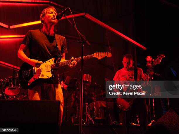 Thom Yorke and Flea of Atoms of Peace perform during the Day 3 of the Coachella Valley Music & Arts Festival 2010 at the Empire Polo Field on April...