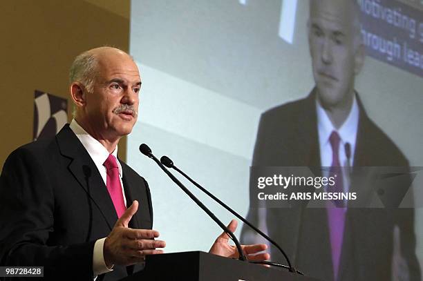 Greek Prime Minister George Papandreou speaks during an Economist conference in Athens on April 28, 2010. Amid growing opposition to huge spending...