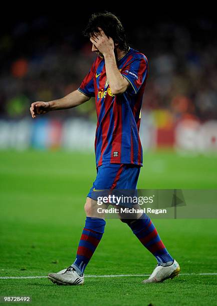 Lionel Messi of Barcelona looks dejected after a missed chance during the UEFA Champions League Semi Final Second Leg match between Barcelona and...