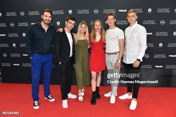 Director Aron Lehmann, Julia Beautx, Luna Wedler, Damian Hardung and Jonas Ems attend the premiere of the movie 'Das schoenste Maedchen der Welt' of...