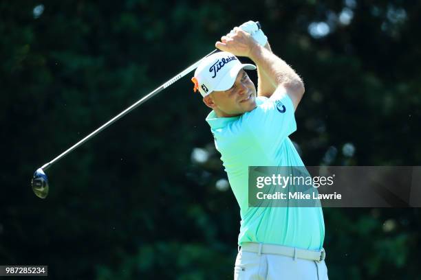 Bill Haas hits off the 16th tee during the second round of the Quicken Loans National at TPC Potomac on June 29, 2018 in Potomac, Maryland.