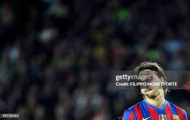 Barcelona's Swedish forward Zlatan Ibrahimovic reacts during the UEFA Champions League semi-final second leg football match Barcelona vs Inter Milan...