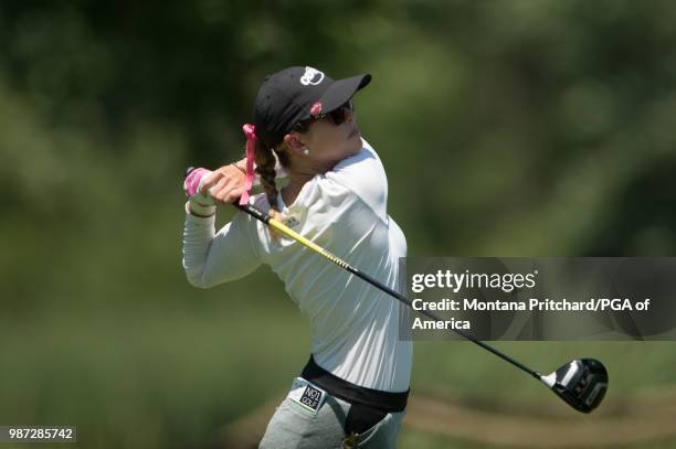 Paula Creamer of the Us hits her tee shot on the 18th hole uring the second round of the 2018 KPMG Women's PGA Championship at Kemper Lakes Golf Club...