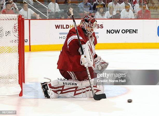 Goaltender Ilya Bryzgalov of the Phoenix Coyotes makes a stick save against the Detroit Red Wings in Game Seven of the Western Conference...