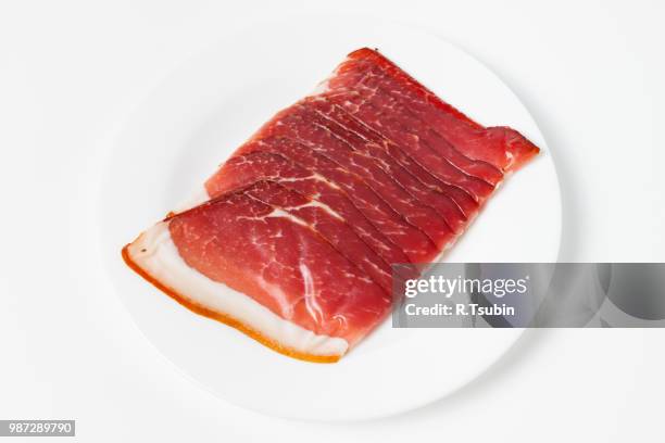pressed ham meat on a plate isolated over white background - pickled pork stock pictures, royalty-free photos & images