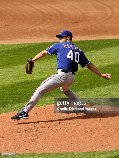 Pitcher Rich Harden of the Texas Rangers throws a pitch during a game on April 12, 2010 against the Cleveland Indians at Progressive Field in...