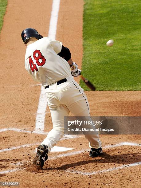 Designated hitter Travis Hafner of the Cleveland Indians bats during a game on April 12, 2010 against the Texas Rangers at Progressive Field in...