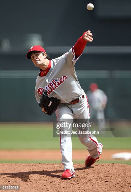 Cole Hamels of the Philadelphia Phillies pitches against the San Francisco Giants during an MLB game at AT&T Park on April 28, 2010 in San Francisco,...