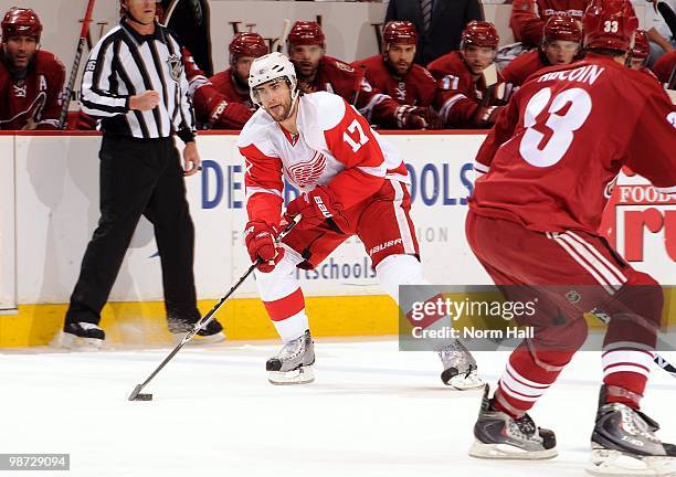 Patrick Eaves of the Detroit Red Wings looks to pass the puck up ice against the Phoenix Coyotes in Game Seven of the Western Conference...