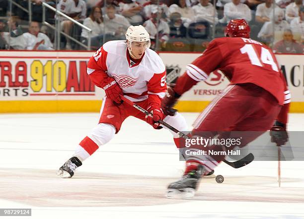 Valtteri Filppula of the Detroit Red Wings skates the puck up ice against the Phoenix Coyotes in Game Seven of the Western Conference Quarterfinals...