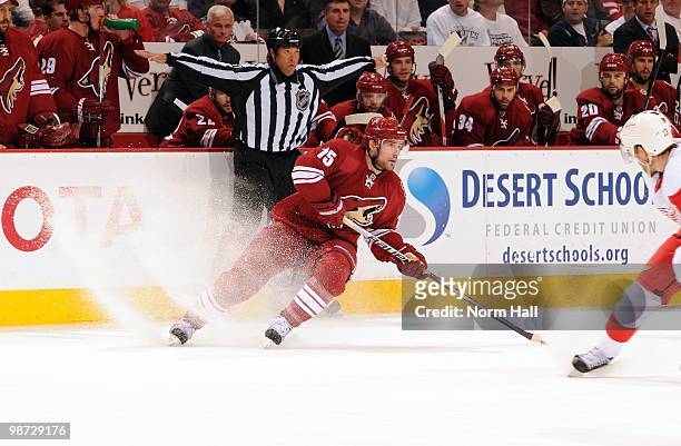 Matthew Lombardi of the Phoenix Coyotes turns the puck up ice against the Detroit Red Wings in Game Seven of the Western Conference Quarterfinals...