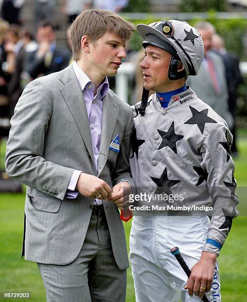 Arsenal FC player Andrey Arshavin and jockey Frankie Dettori attend the Moss Bros Raceday horse racing meet on April 28, 2010 in Ascot, England.
