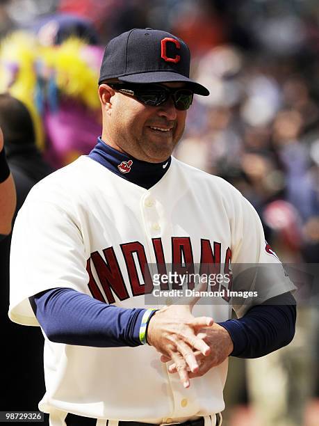 Manager Manny Acta of the Cleveland Indians smiles during pregame introductions prior to a game on April 12, 2010 against the Texas Rangers at...