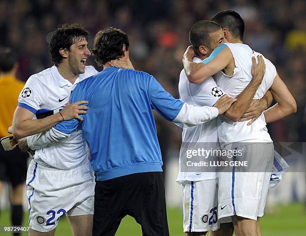 Inter Milan's players celebrate after winning the UEFA Champions League semi-final second leg football match Barcelona vs Inter Milan on April 28,...