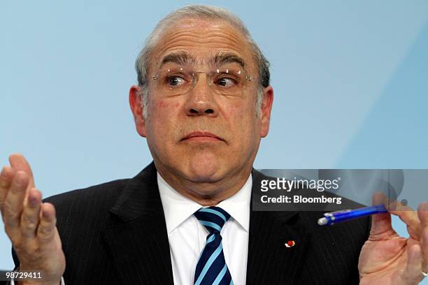 Angel Gurria, secretary-general of the Organization for Economic Cooperation and Development , speaks at a news conference at the German federal...