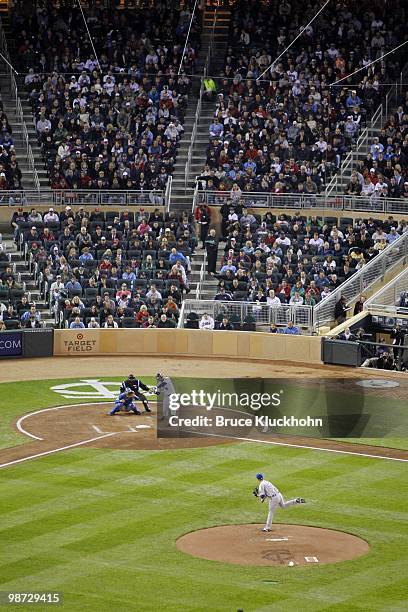 Zack Greinke of the Kansas City Royals pitches to Michael Cuddyer of the Minnesota Twins on April 16, 2010 at Target Field in Minneapolis, Minnesota....