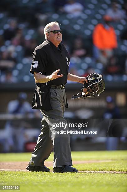 Umpire Tim Welke looks on during a baseball game between the Baltimore Orioles and the Tampa Bay Rays on April 14, 2010 at Camden Yards in Baltimore,...