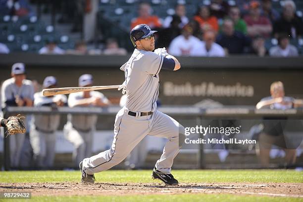 Jason Bartlett of the Tampa Bay Rays takes a swing during a baseball game against the Baltimore Orioles on April 14, 2010 at Camden Yards in...