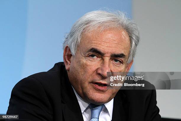 Dominique Strauss-Kahn, managing director of the International Monetary Fund , speaks at a news conference at the German federal chancellory in...